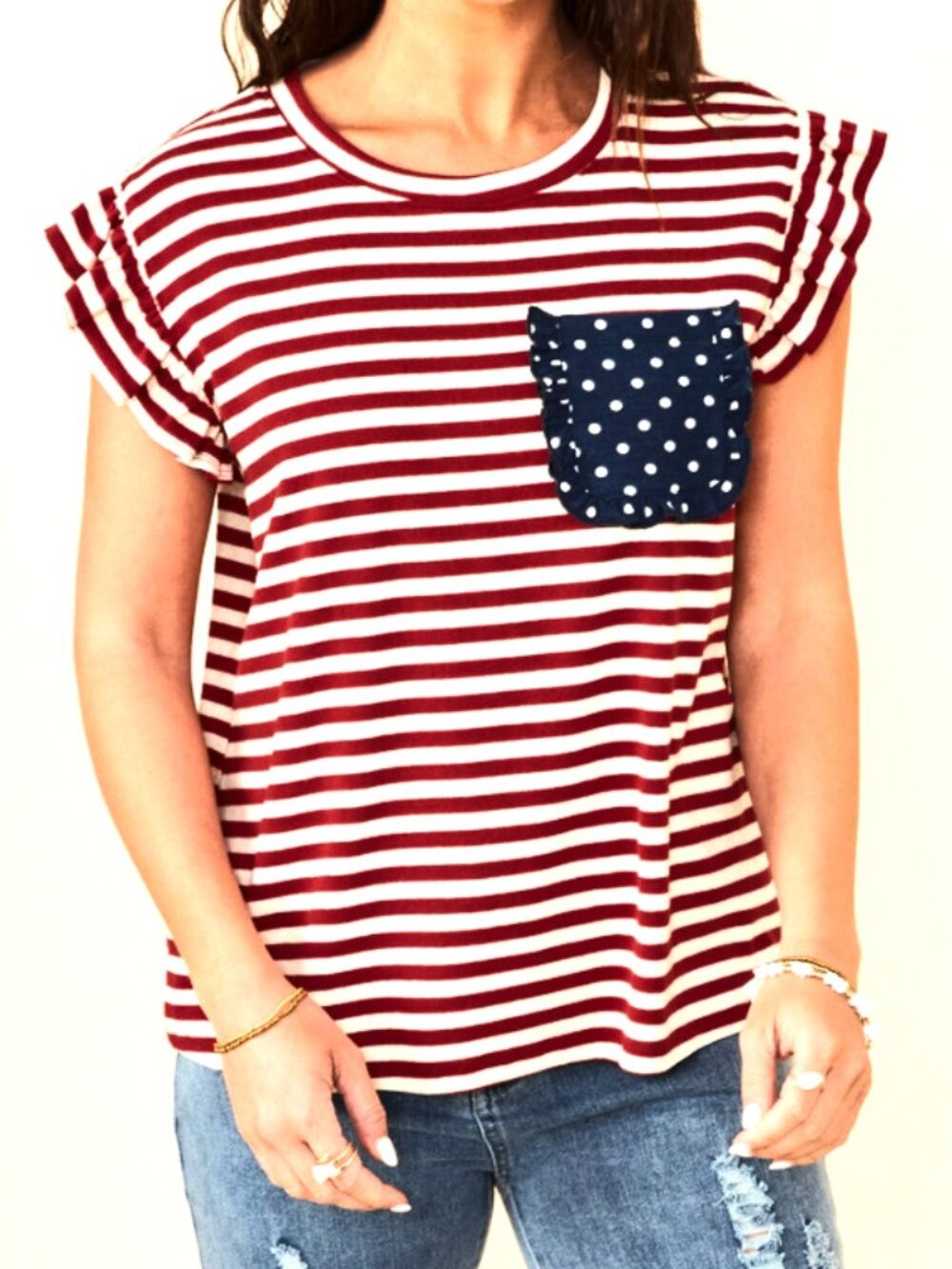 Women's Blue Pocket Red Striped Ruffled Knit Top
